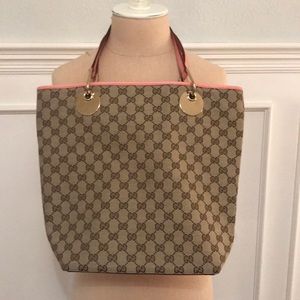 Authentic Gucci monogram tote pink trim